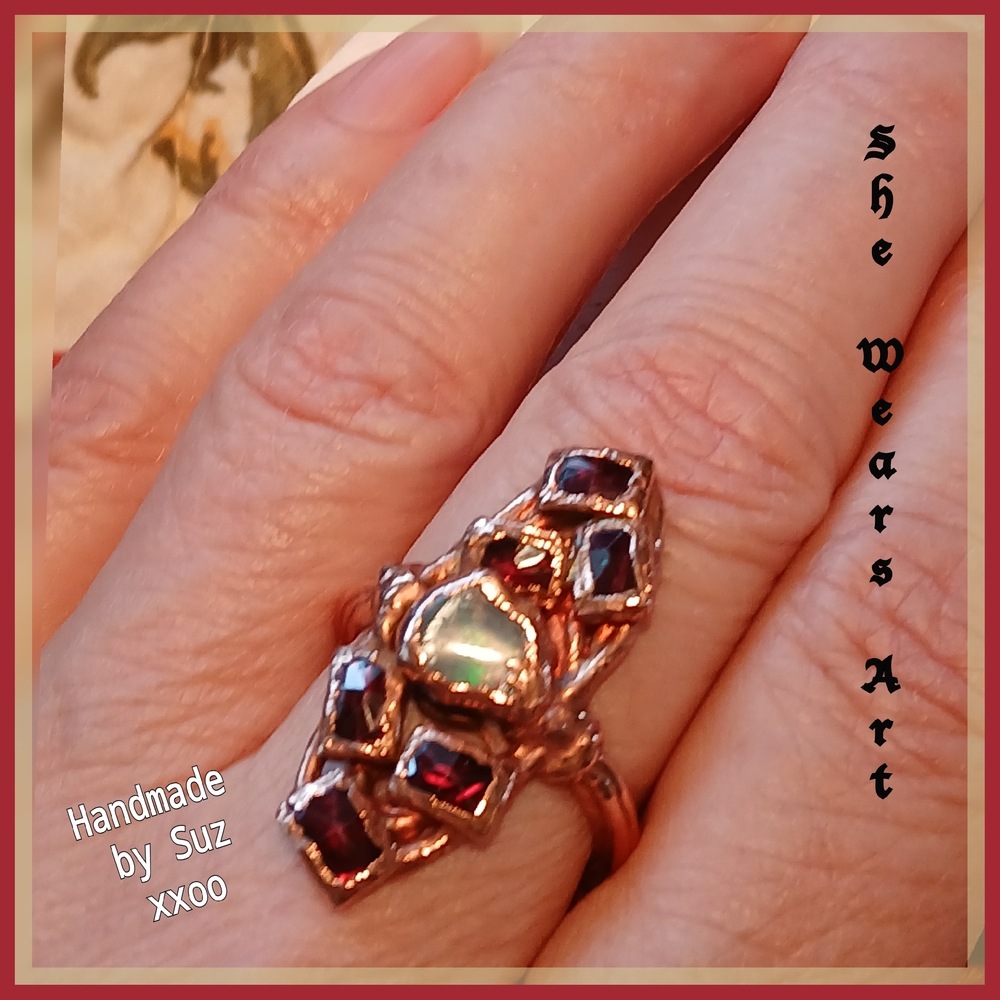Handmade Tourmaline and Opal Lotus Floral Ring 8.5